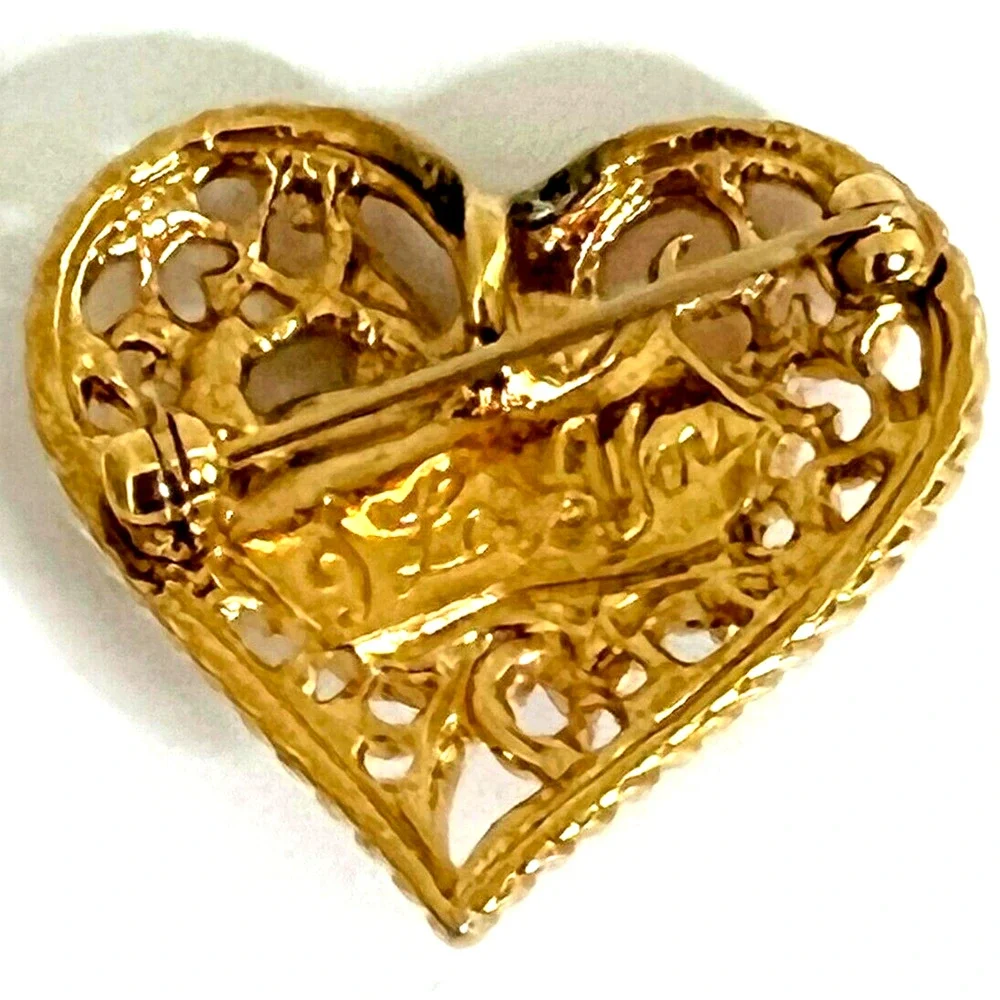 Heart Brooch Enameled Gold Tone with Rhinestone Center Engraved I Love You